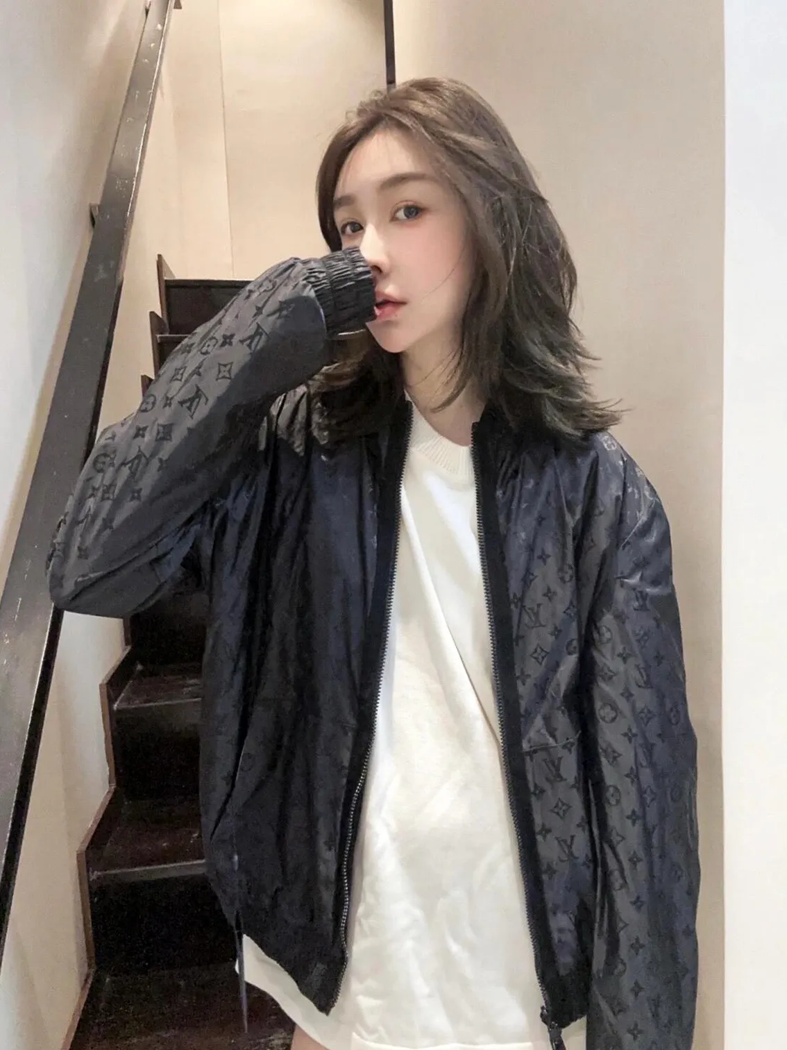 Louis Vuitton/Louis Vuitton leather label printed double-sided stand-up collar jacket